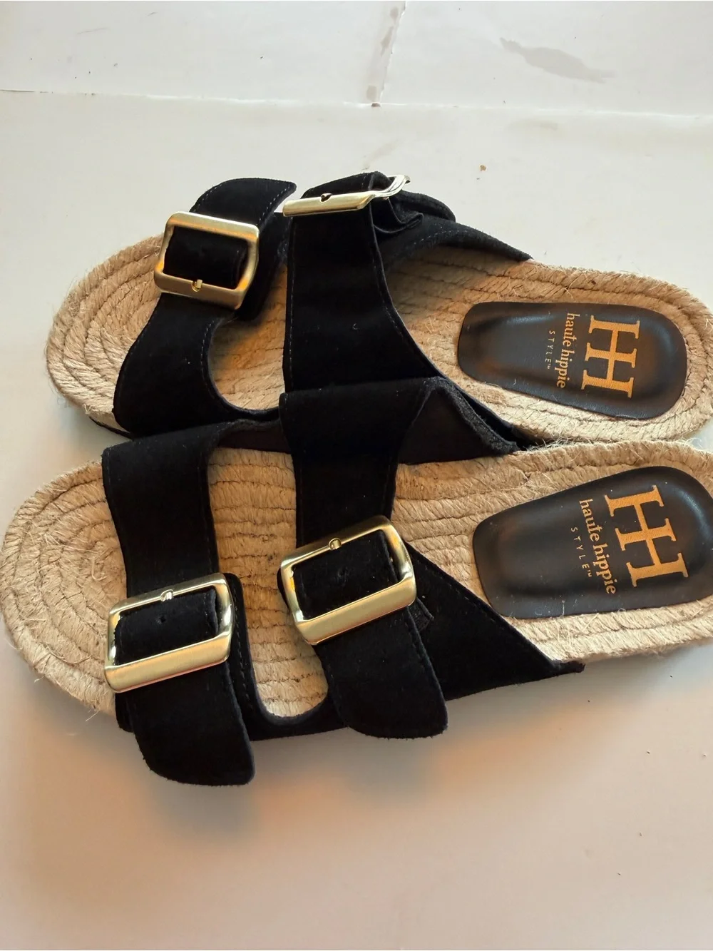 Haute Hippie Black Double-Buckle Kids Slide Sandals with Gold Buckles